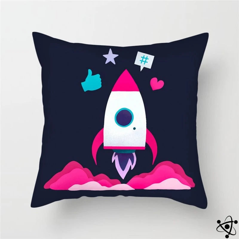 Cartoon Pink Space Rocket Cushion Cover Science Decor