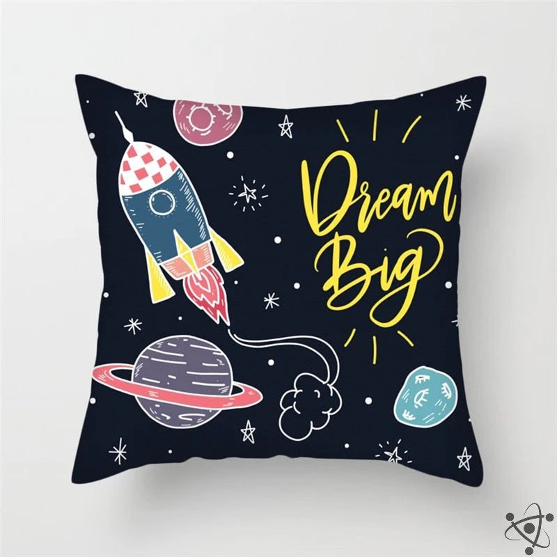 Dream Big Rocket In Space Cartoon Style Cushion Cover Science Decor