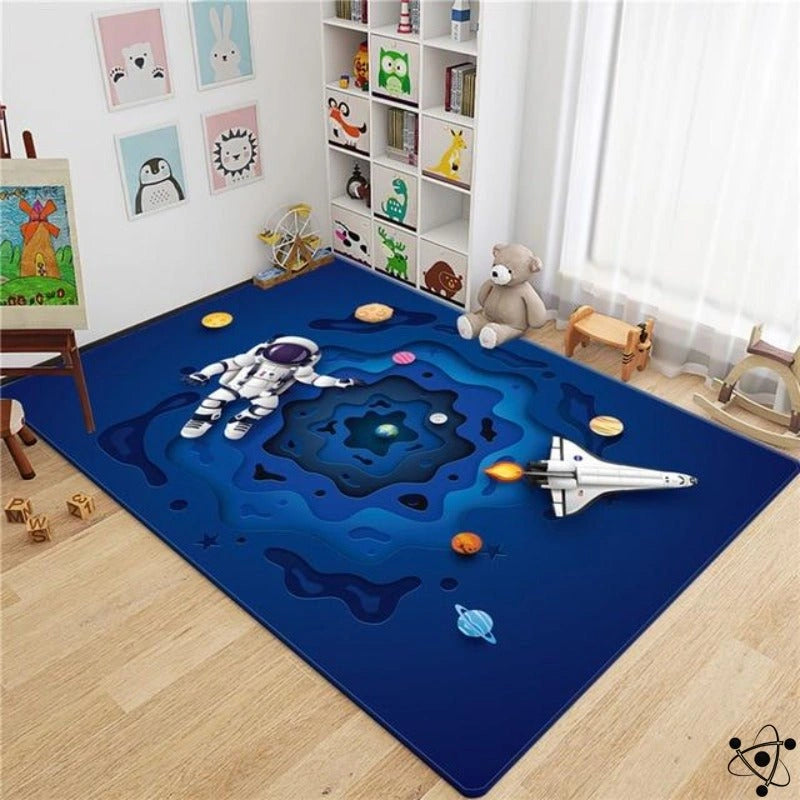A Science Lab Rug Black Hole Astronaut and Rocket 3D Rug | Science Decor