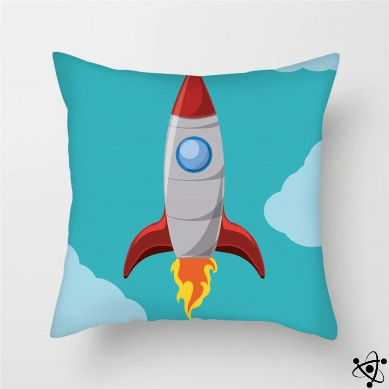 Rocket  in Sky Cartoon Style Cushion Cover Science Decor