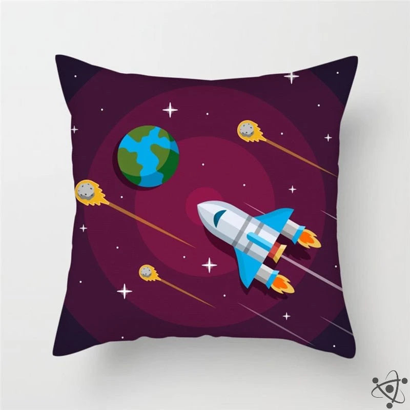 Rocket Crossing Space Next to the Earth Cartoon Style Cushion Cover Science Decor