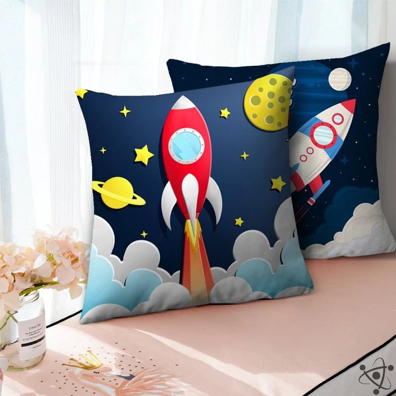 Rocket Lift Off Cartoon Style Cushion Cover Science Decor