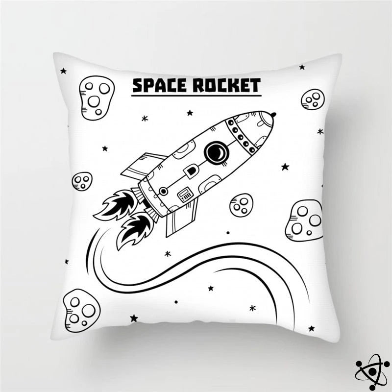 Rocket in Space Cartoon Style Cushion Cover Science Decor
